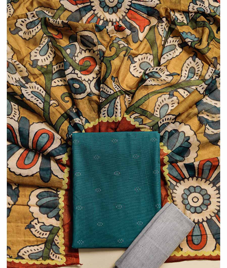 PURE COTTON WOVEN SUIT SET WITH MUL KALAMKARI DUPATTA