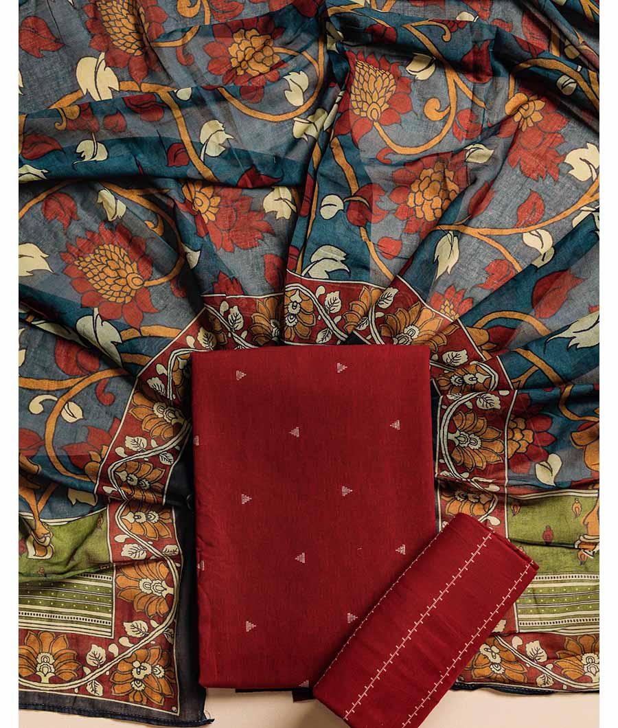 PURE COTTON WOVEN SUIT SET WITH MUL KALAMKARI DUPATTA