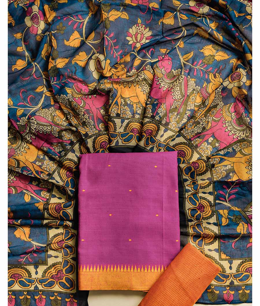 PURE COTTON WOVEN SUIT SET WITH MUL KALAMKARI DUPATTA