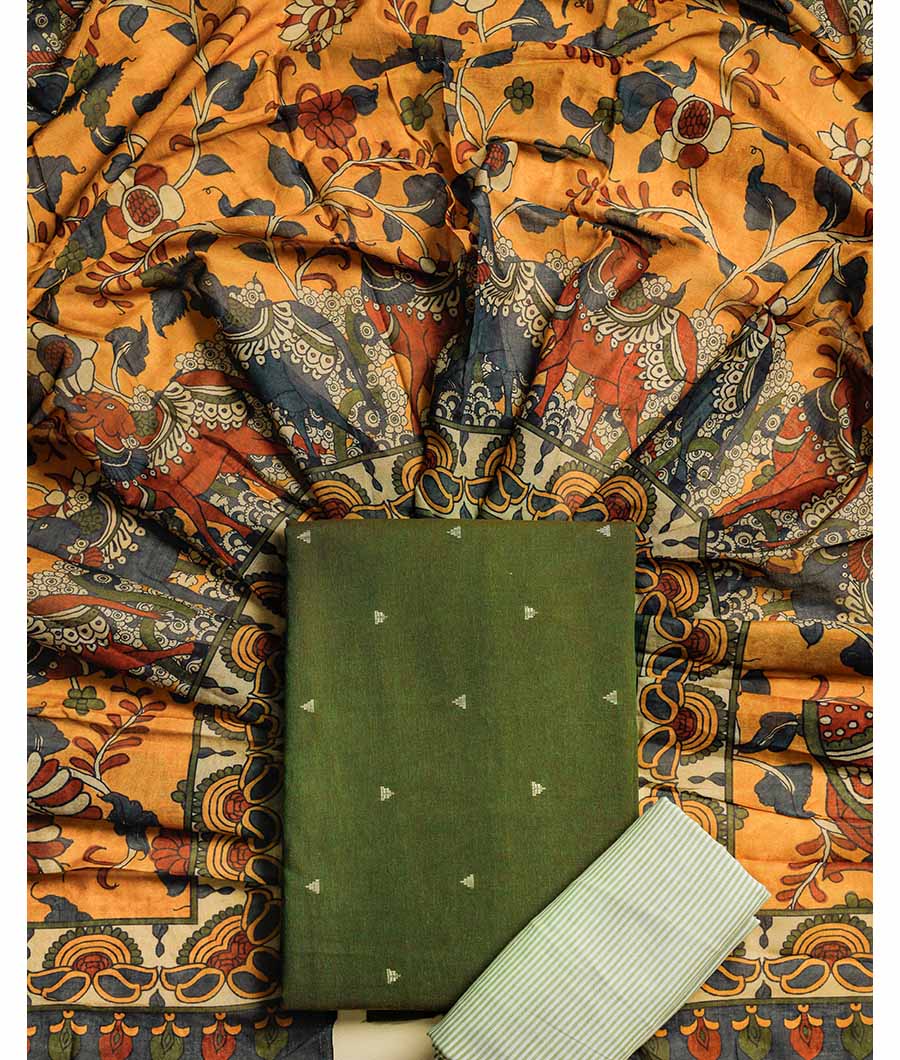 PURE COTTON WOVEN SUIT SET WITH MUL KALAMKARI DUPATTA