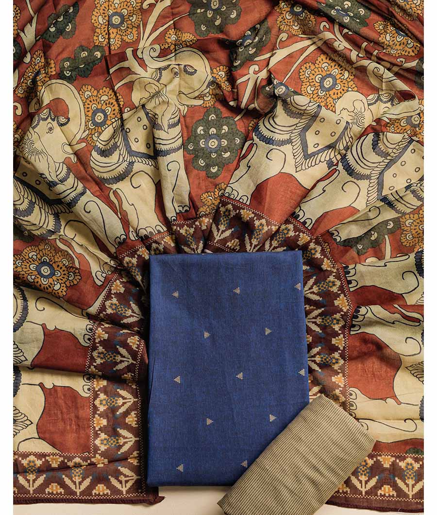 PURE COTTON WOVEN SUIT SET WITH MUL KALAMKARI DUPATTA