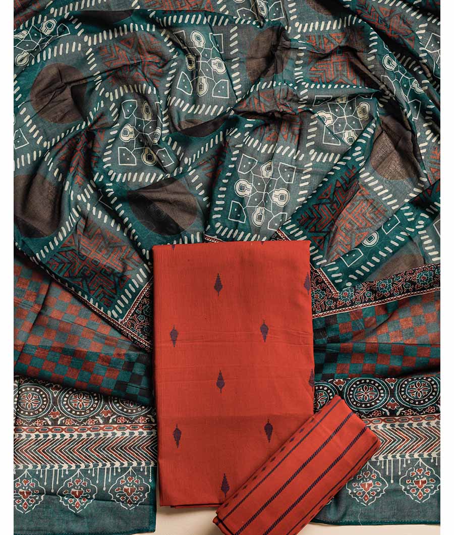PURE COTTON WOVEN SUIT SET WITH MUL KALAMKARI DUPATTA