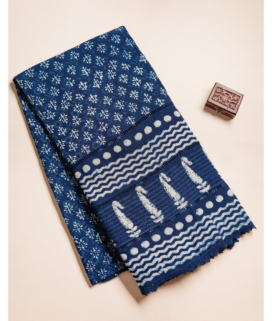 COTTON INDIGO BLOCK PRINTED SCHIFFLI LACE BORDER FABRIC
