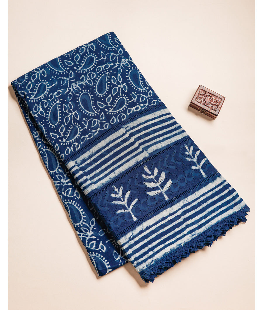 COTTON INDIGO BLOCK PRINTED SCHIFFLI LACE BORDER FABRIC