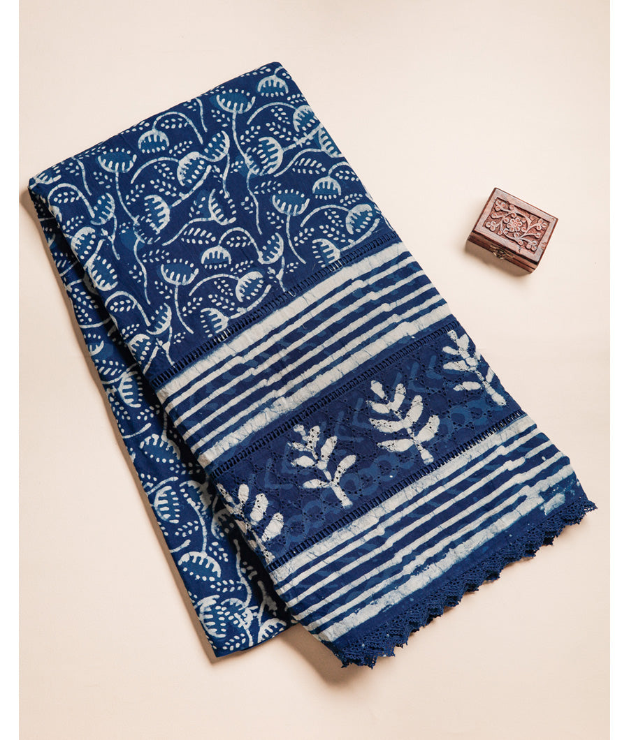 COTTON INDIGO BLOCK PRINTED SCHIFFLI LACE BORDER FABRIC