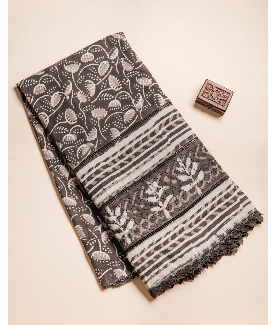 COTTON KASHISH BLOCK PRINTED SCHIFFLI LACE BORDER FABRIC