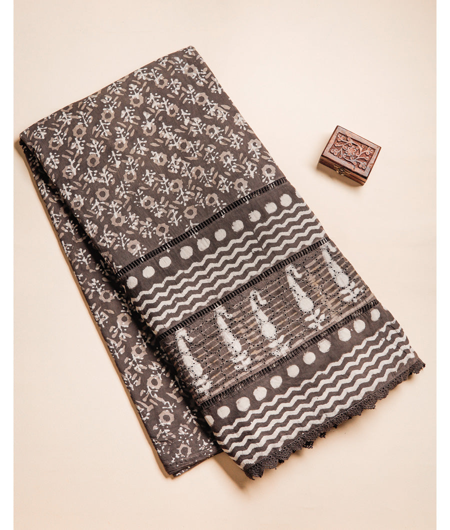 COTTON KASHISH BLOCK PRINTED SCHIFFLI LACE BORDER FABRIC