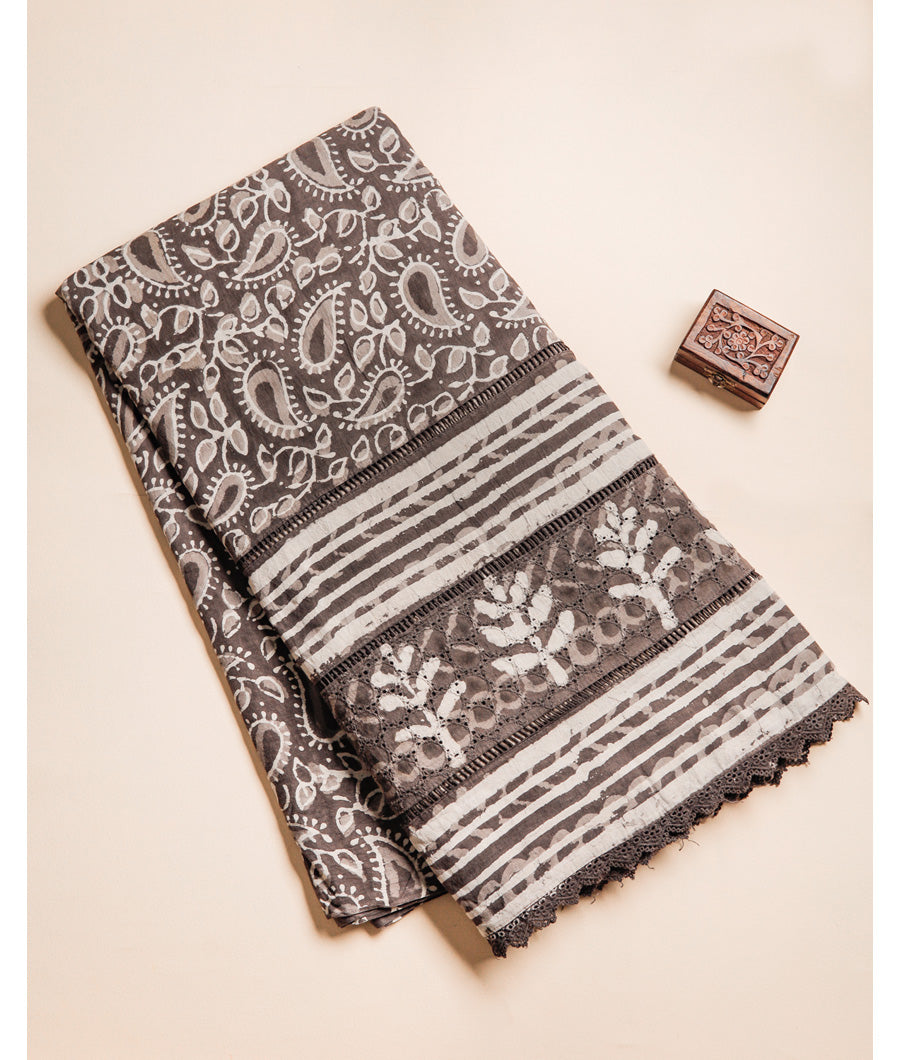 COTTON KASHISH BLOCK PRINTED SCHIFFLI LACE BORDER FABRIC
