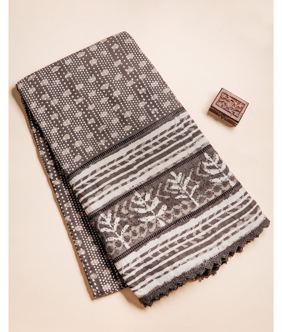 COTTON KASHISH BLOCK PRINTED SCHIFFLI LACE BORDER FABRIC