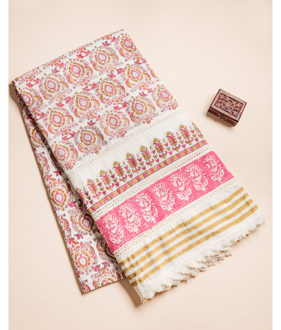 COTTON HANDBLOCK PRINTED SCHIFFLI LACE BORDER FABRIC
