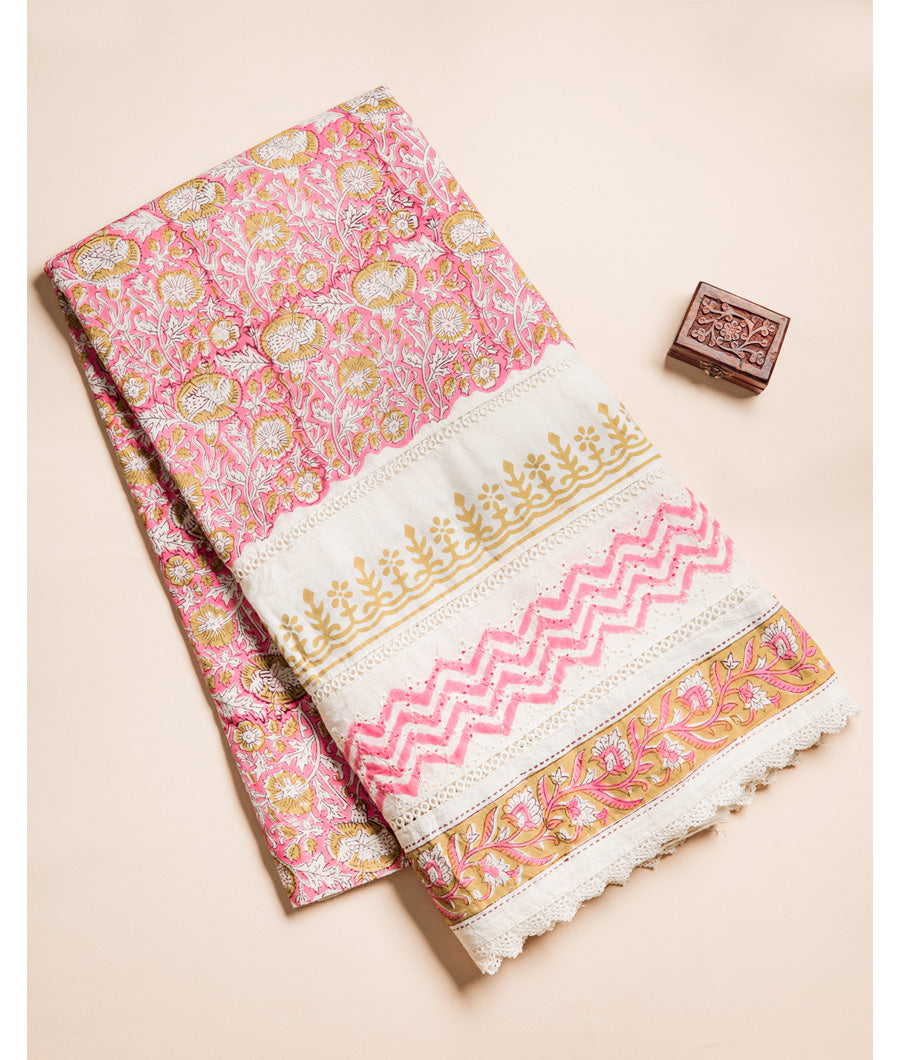 COTTON HANDBLOCK PRINTED SCHIFFLI LACE BORDER FABRIC
