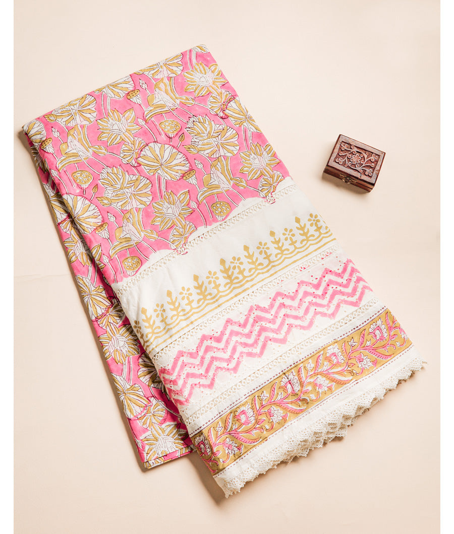COTTON HANDBLOCK PRINTED SCHIFFLI LACE BORDER FABRIC