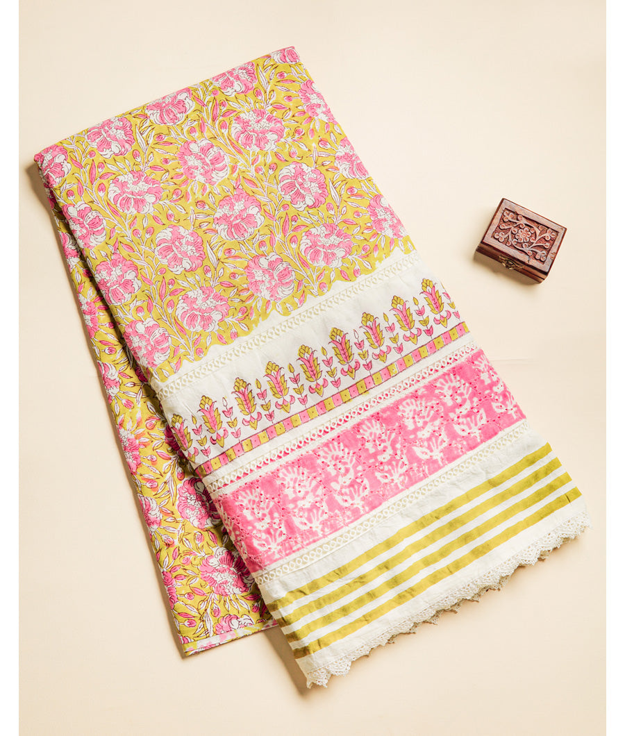 COTTON HANDBLOCK PRINTED SCHIFFLI LACE BORDER FABRIC