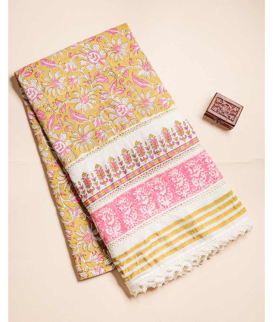 COTTON HANDBLOCK PRINTED SCHIFFLI LACE BORDER FABRIC