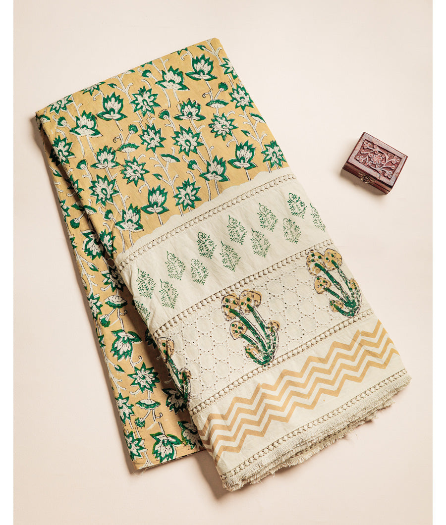 COTTON HANDBLOCK PRINTED SCHIFFLI LACE BORDER FABRIC