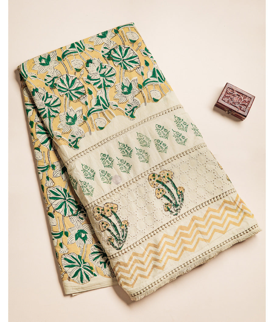 COTTON HANDBLOCK PRINTED SCHIFFLI LACE BORDER FABRIC