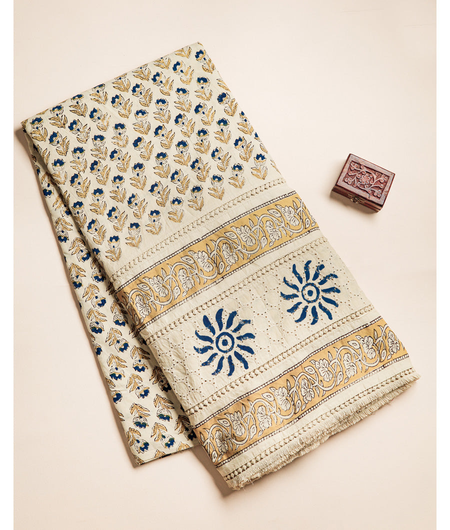 COTTON HANDBLOCK PRINTED SCHIFFLI LACE BORDER FABRIC
