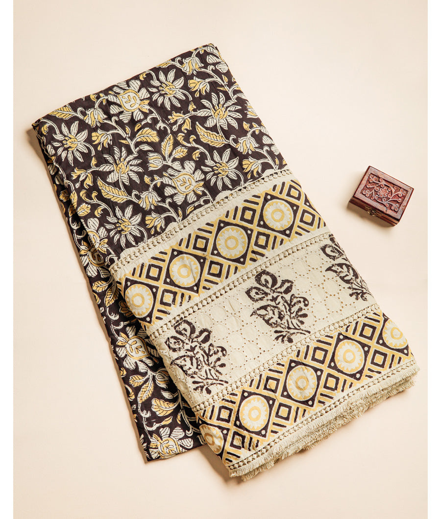 COTTON HANDBLOCK PRINTED SCHIFFLI LACE BORDER FABRIC