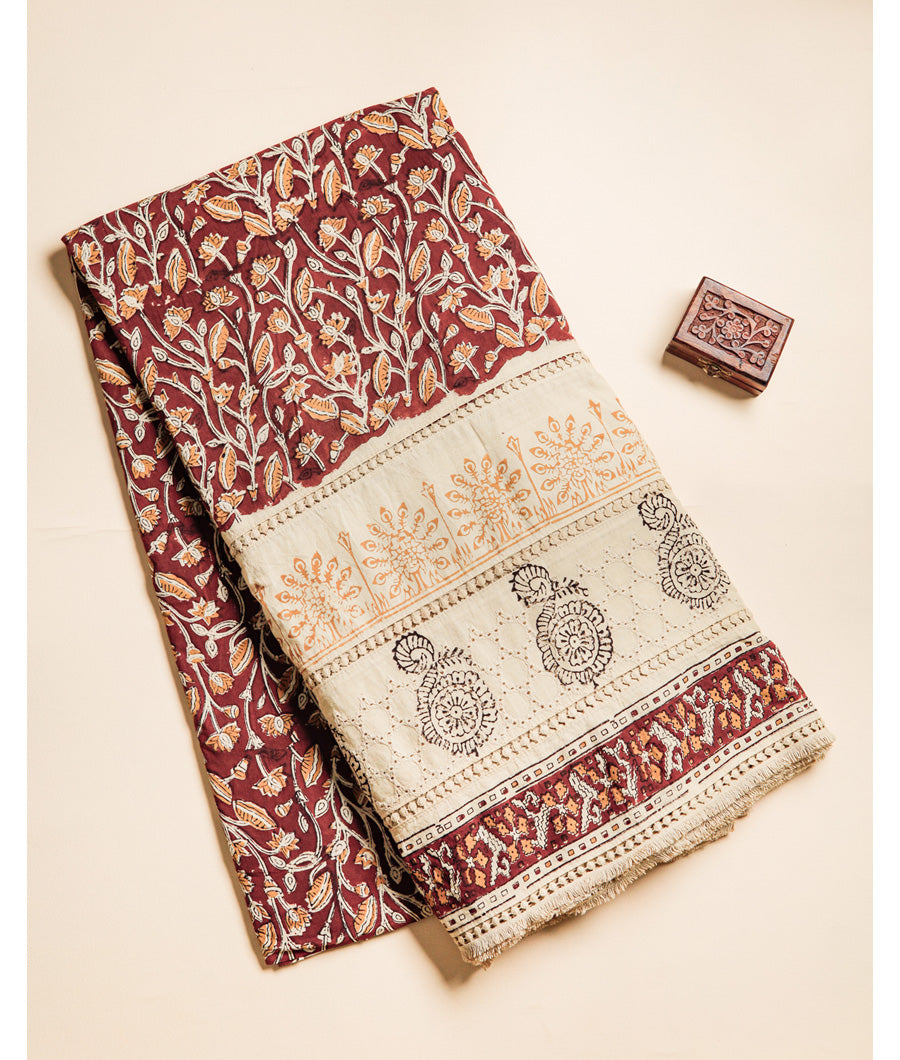 COTTON HANDBLOCK PRINTED SCHIFFLI LACE BORDER FABRIC