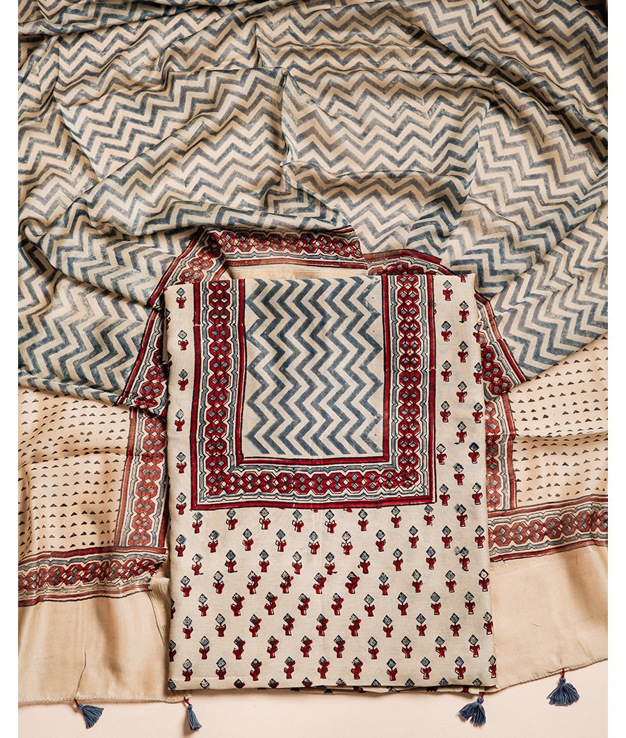PURE MAHESHWARI CHANDERI AJRAKH UNIQUE PRINT SUIT SET