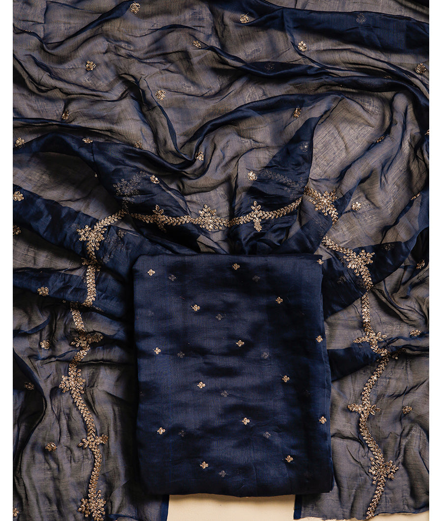 PURE MUL CHANDERI AARI WORK EMBROIDERY  SUIT SET