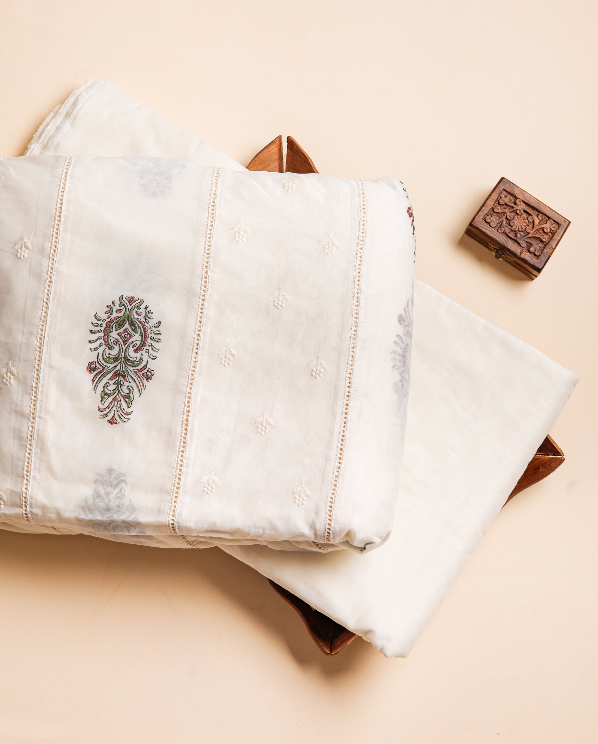 MUL CHANDERI BLOCK PRINT WITH EMBROIDERED & PLAIN DYED FABRICS