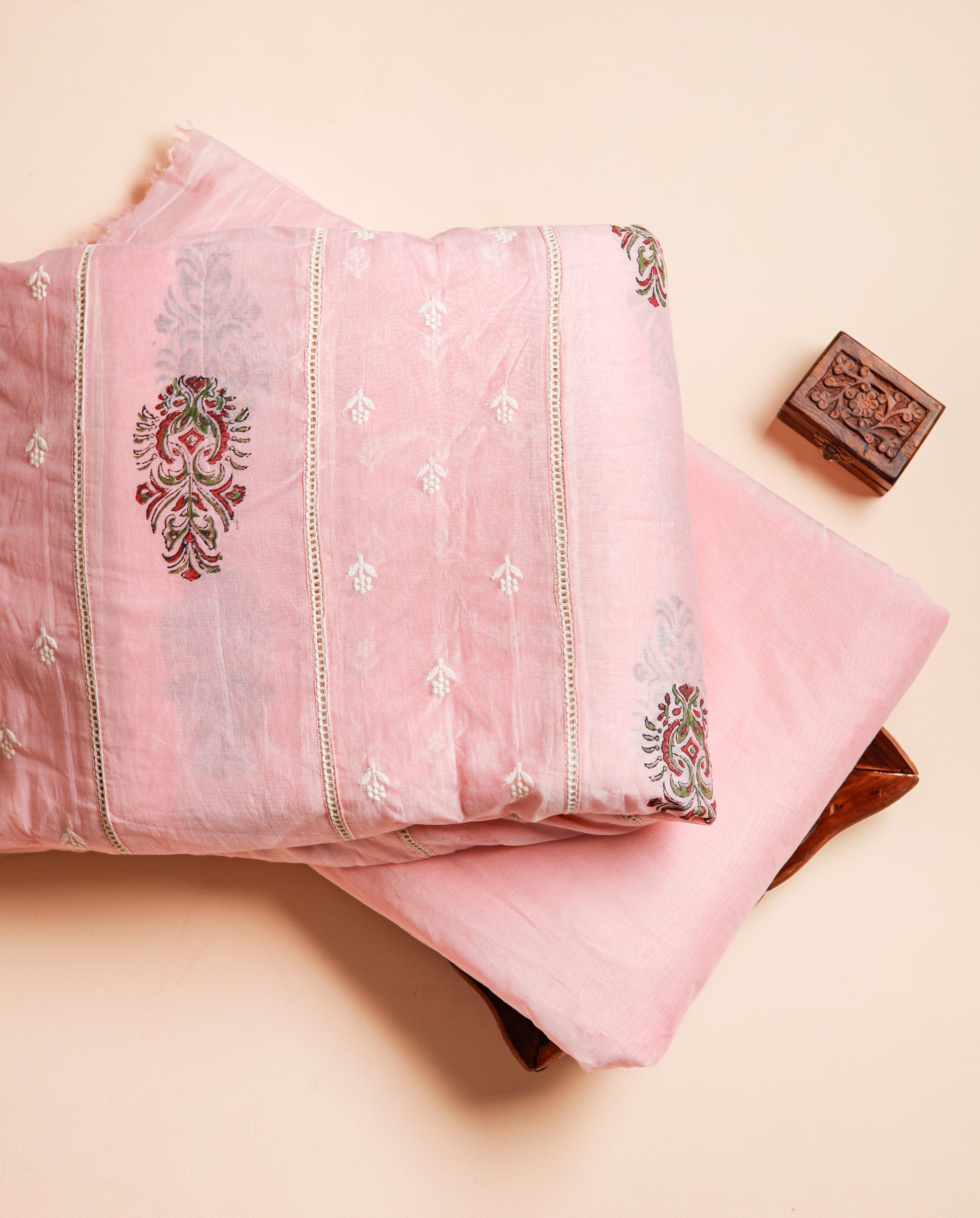 MUL CHANDERI BLOCK PRINT WITH EMBROIDERED & PLAIN DYED FABRICS