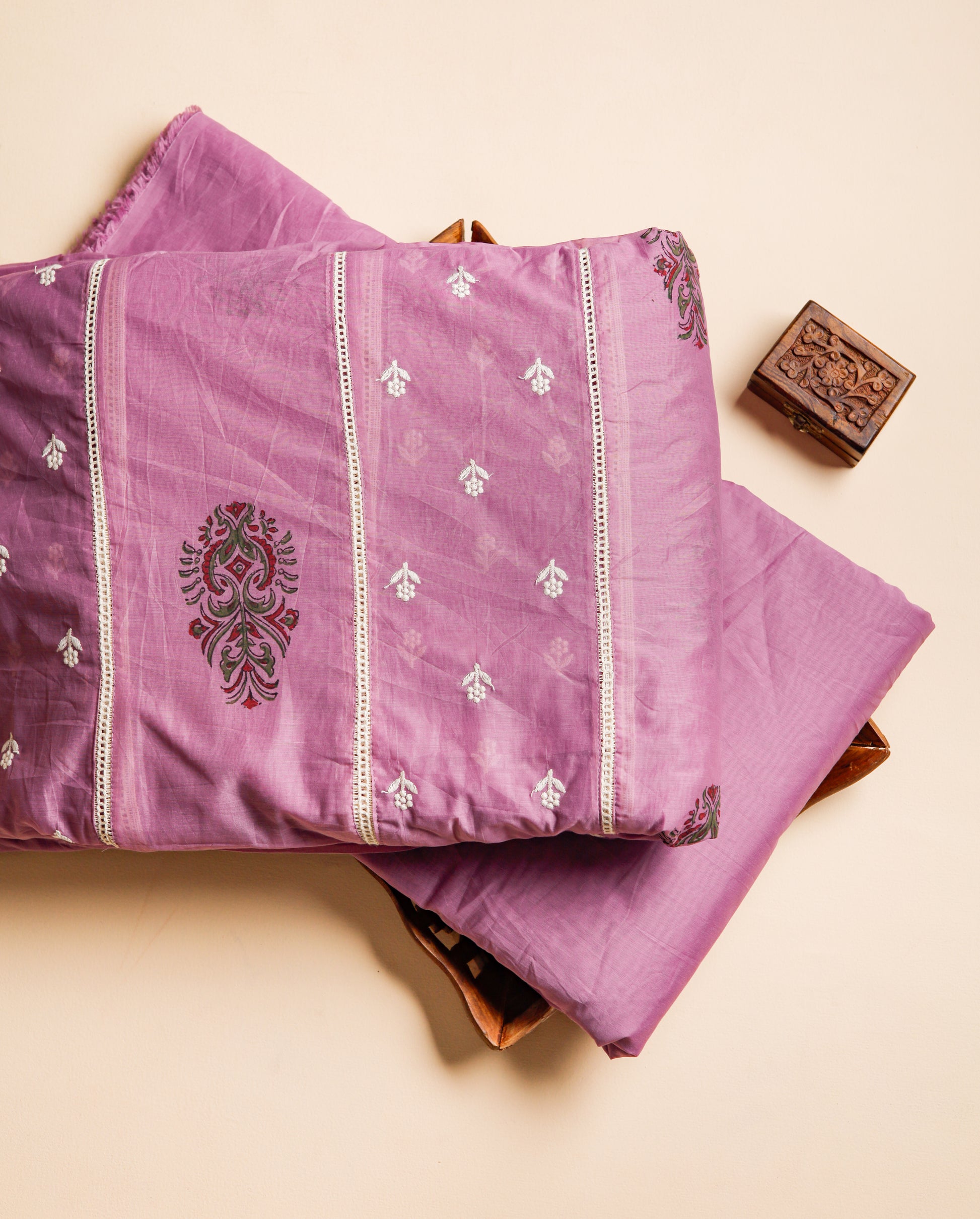 MUL CHANDERI BLOCK PRINT WITH EMBROIDERED & PLAIN DYED FABRICS
