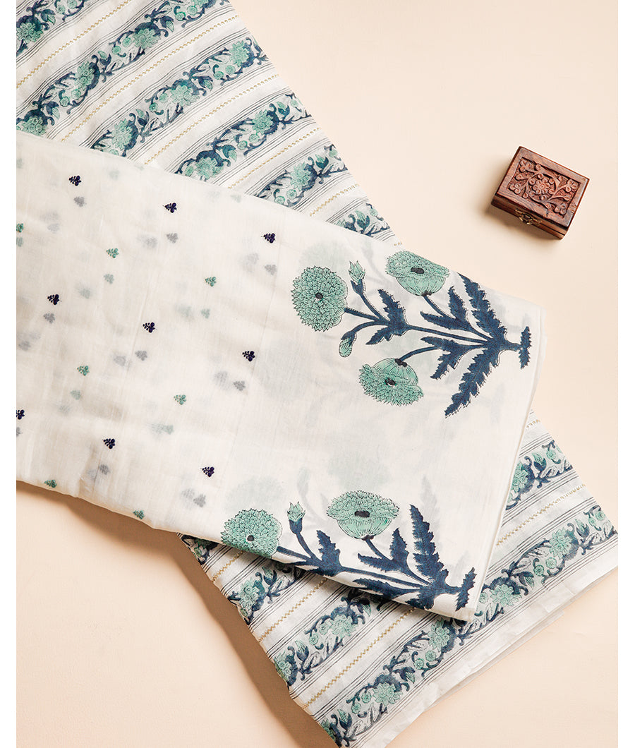 PURE MUL CHANDERI EMBROIDERED WITH BLOCK PRINTED FABRIC