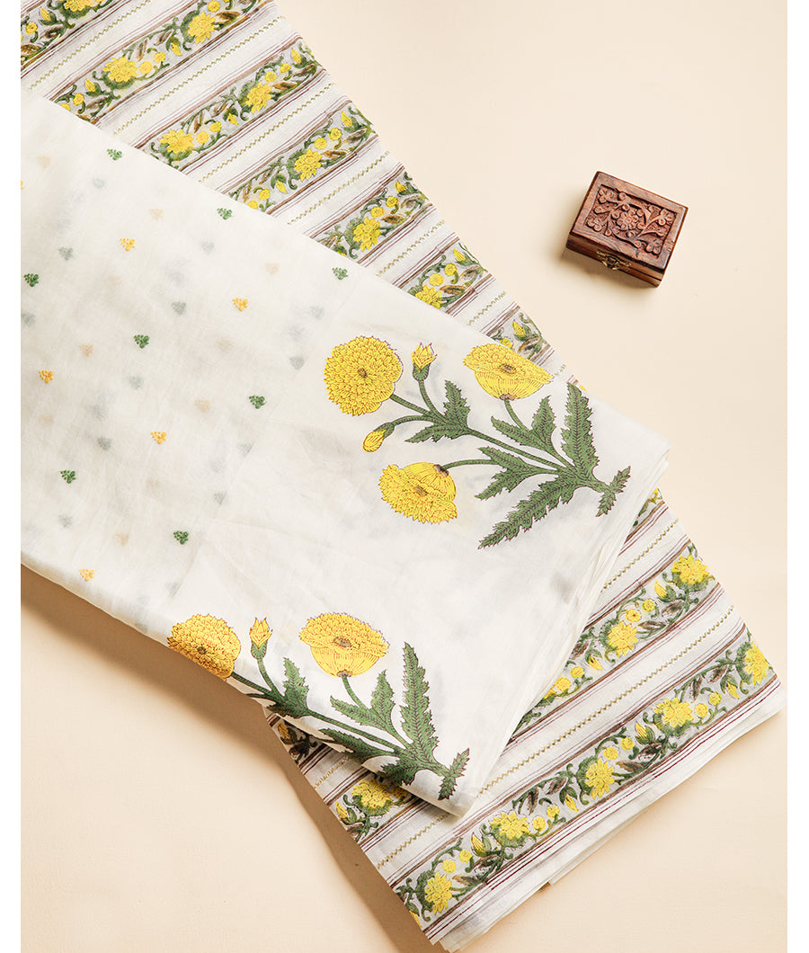 PURE MUL CHANDERI EMBROIDERED WITH BLOCK PRINTED FABRIC