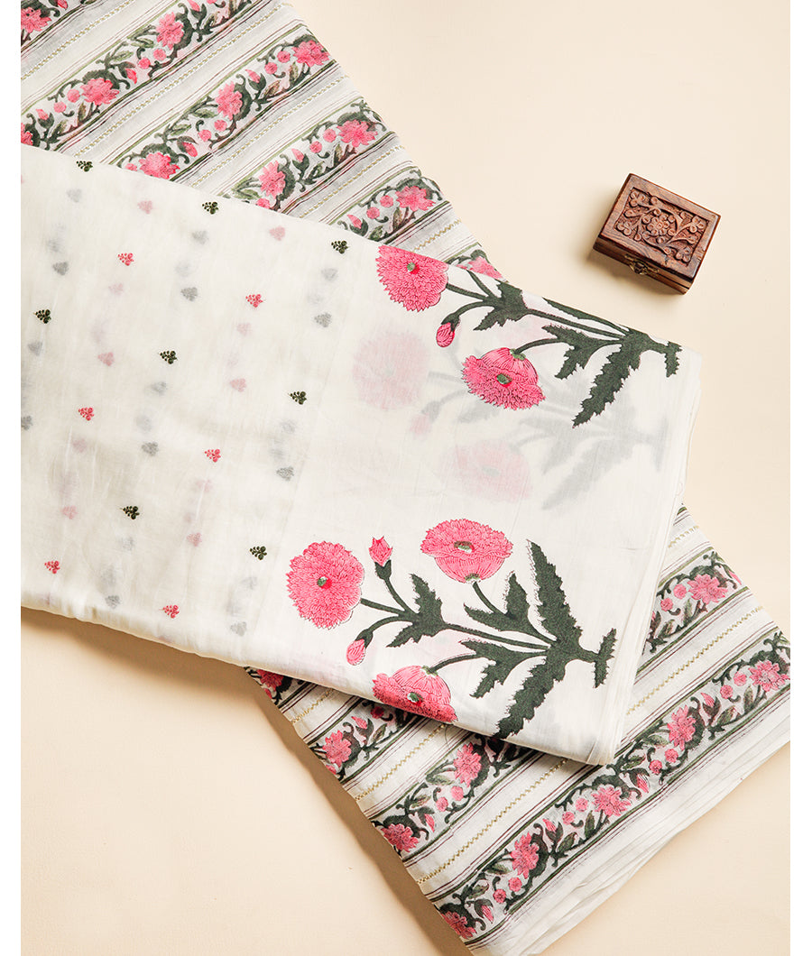 PURE MUL CHANDERI EMBROIDERED WITH BLOCK PRINTED FABRIC