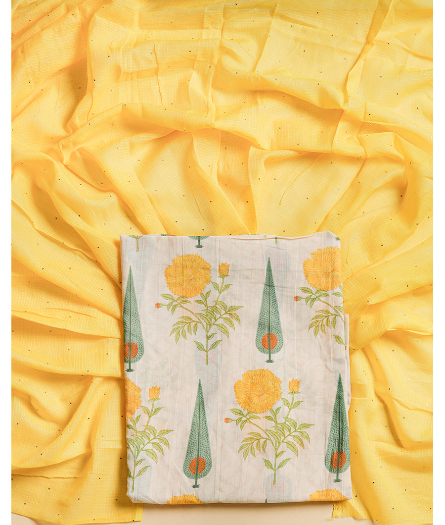 PURE MUL CHANDERI PRINTED TOP WITH KOTA DUPATTA SUIT SET
