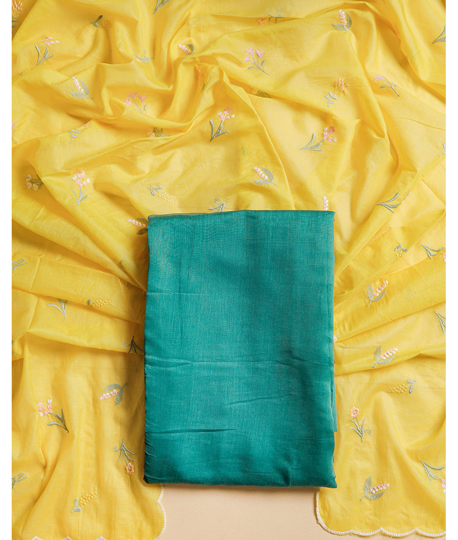PURE MUL CHANDERI BANARASI TOP WITH MUL CHANDERI EMBROIDERED DUPATTA SUIT SET