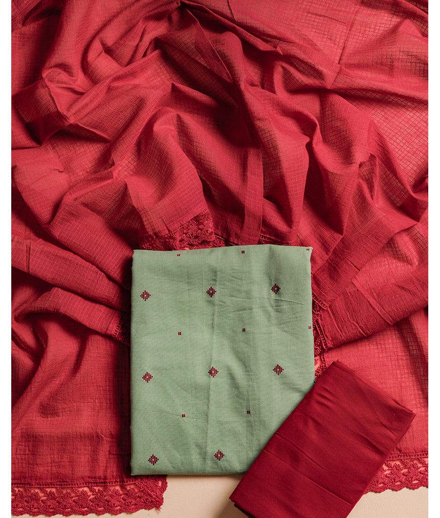 COTTON WOVEN SUIT SET WITH EMBROIDERY COTTON DUPATTA
