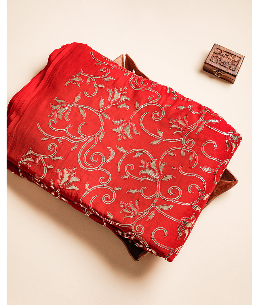 MUL CHANDERI GOLD APPLIQUE WORK FABRIC