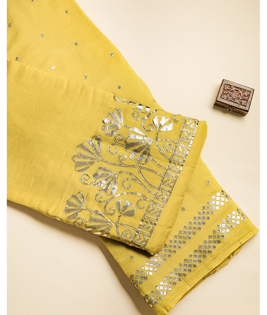 MUL CHANDERI GOLD APPLIQUE WORK FABRIC