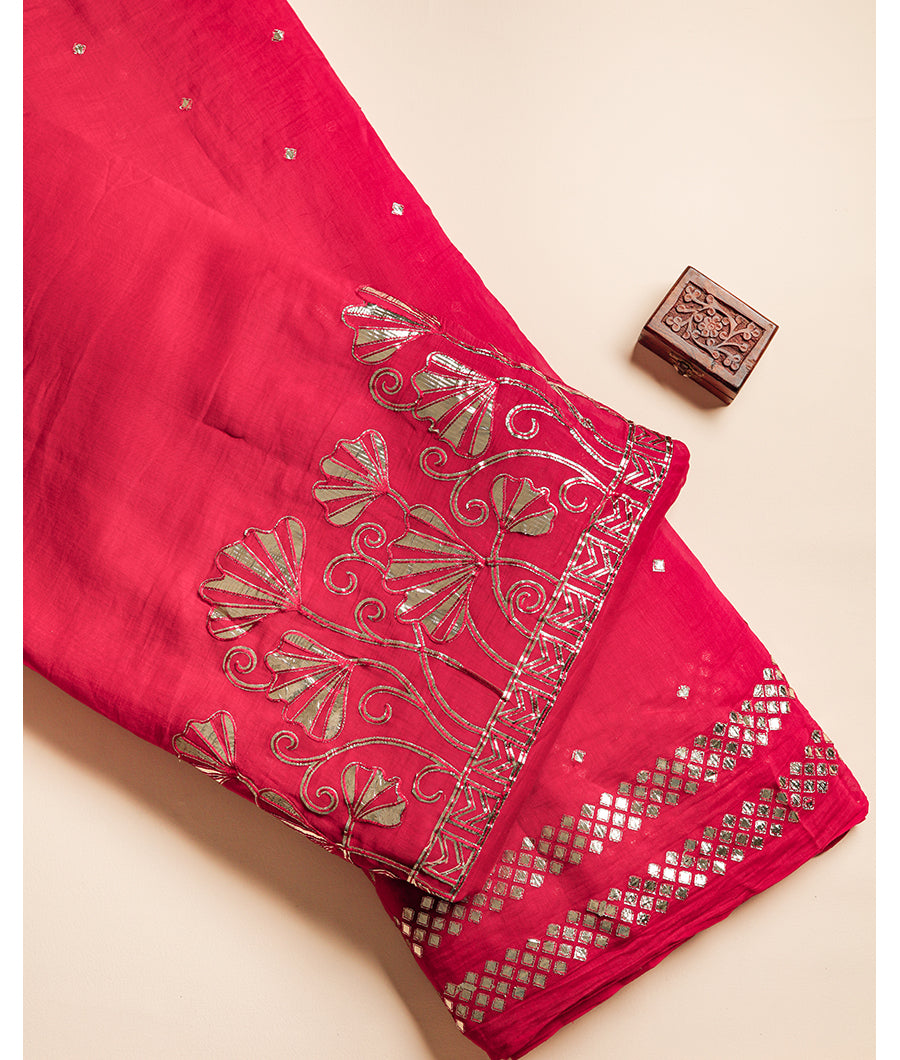 MUL CHANDERI GOLD APPLIQUE WORK FABRIC