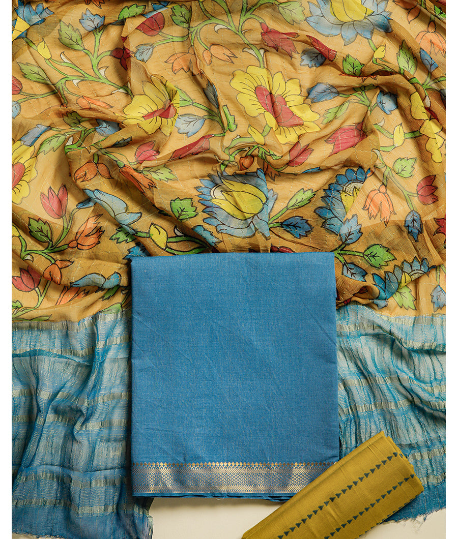 PURE COTTON WOVEN SUIT SET WITH CHIFFON KALAMKARI HANDPAINTED DUPATTA