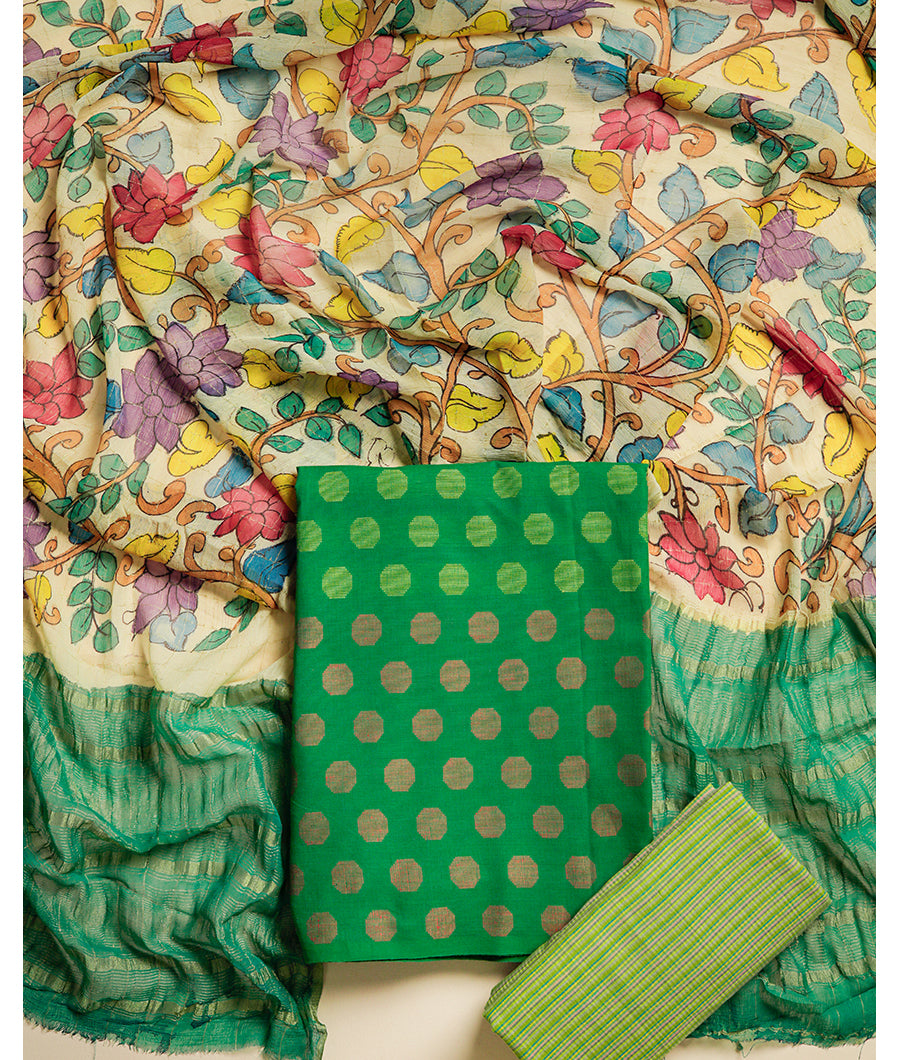 PURE COTTON WOVEN SUIT SET WITH CHIFFON KALAMKARI HANDPAINTED DUPATTA