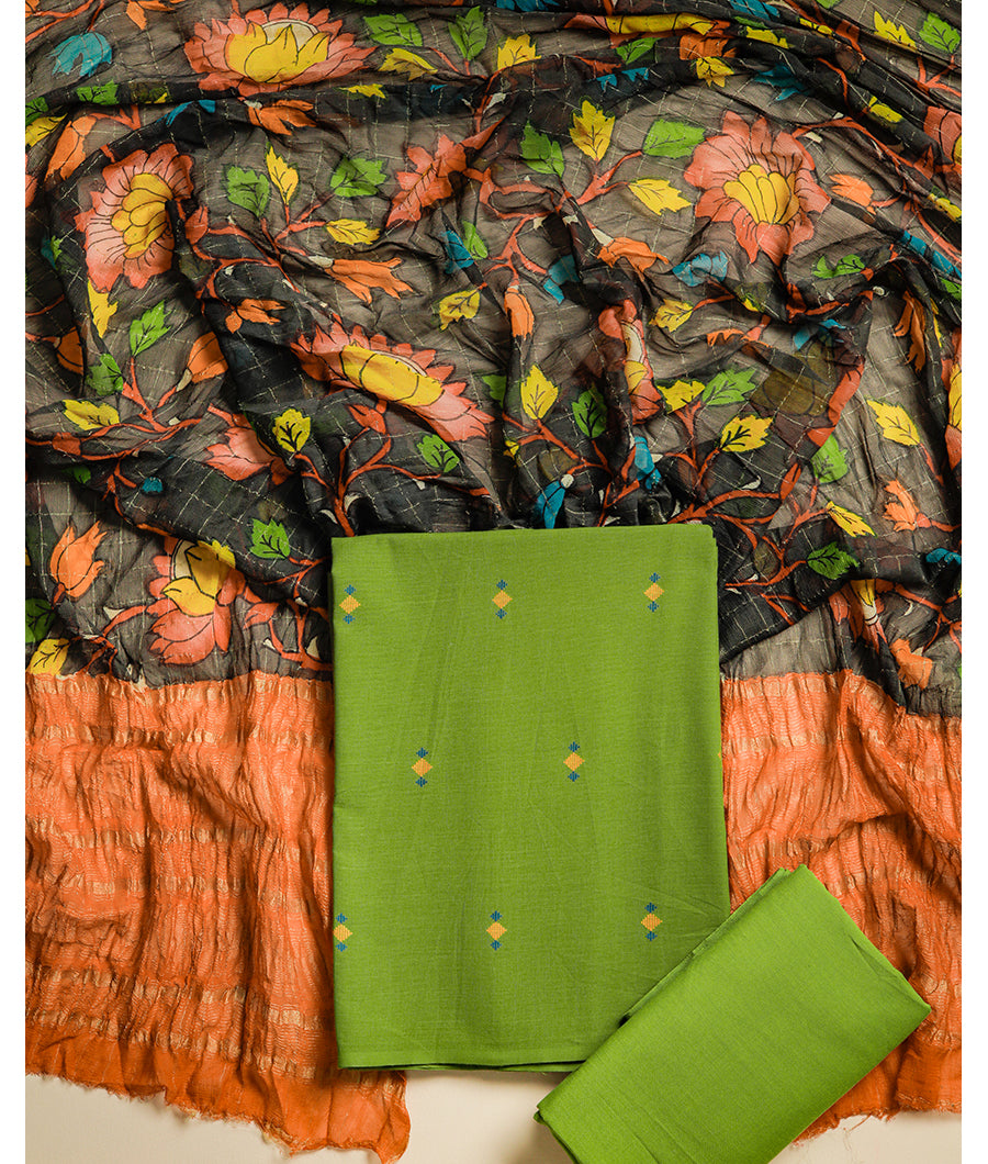 PURE COTTON WOVEN SUIT SET WITH CHIFFON KALAMKARI HANDPAINTED DUPATTA