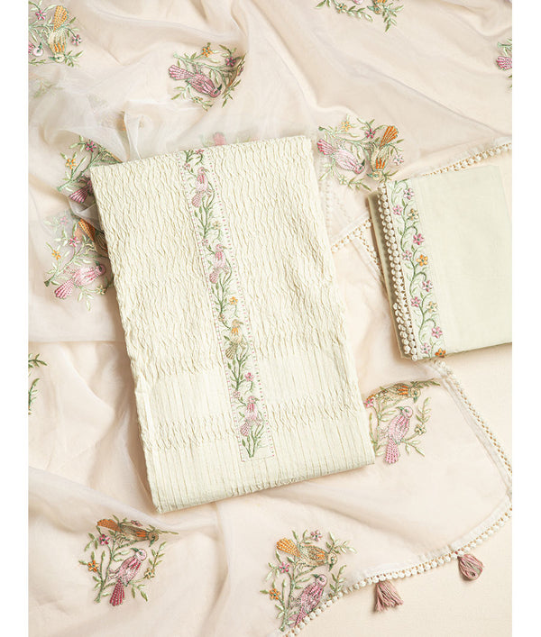 Cotton crushed suit set with organza embroidery dupatta