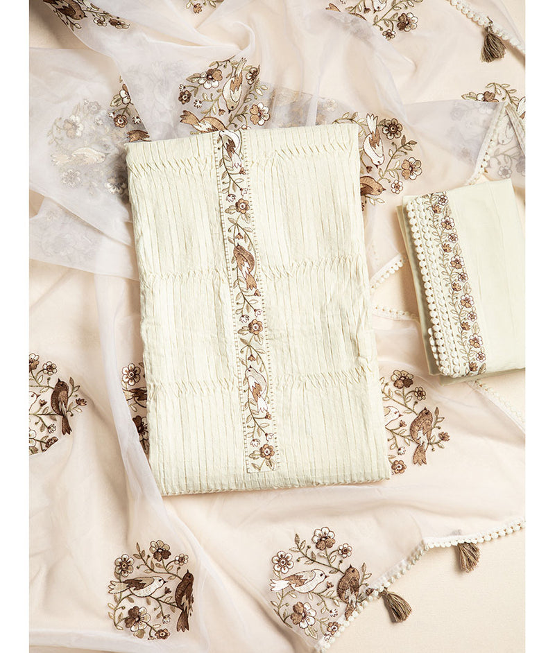 Cotton crushed suit set with organza embroidery dupatta