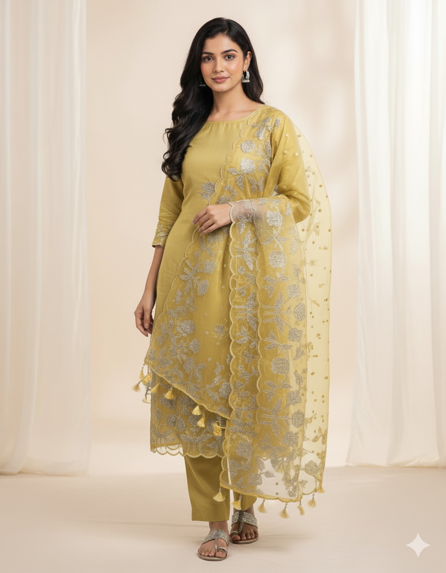 Pure organza applique work suit set