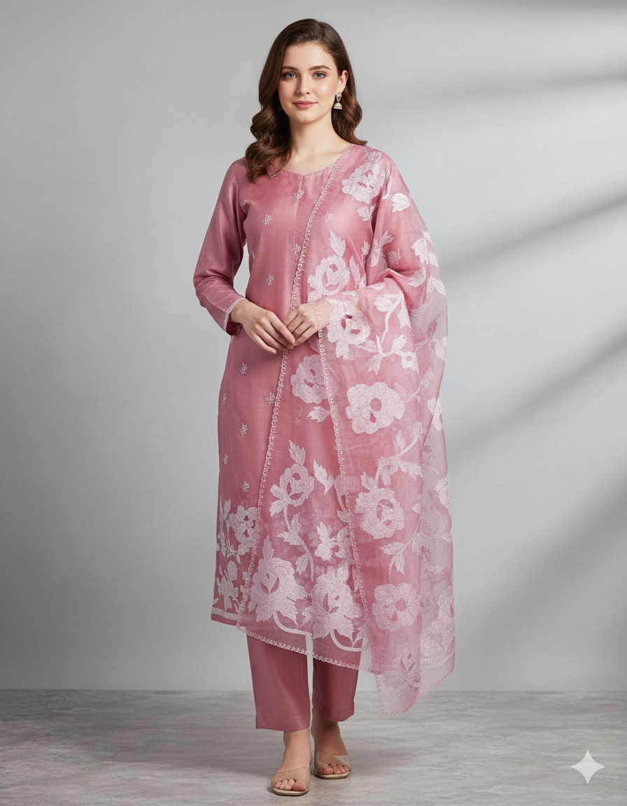 Pure organza applique work suit set