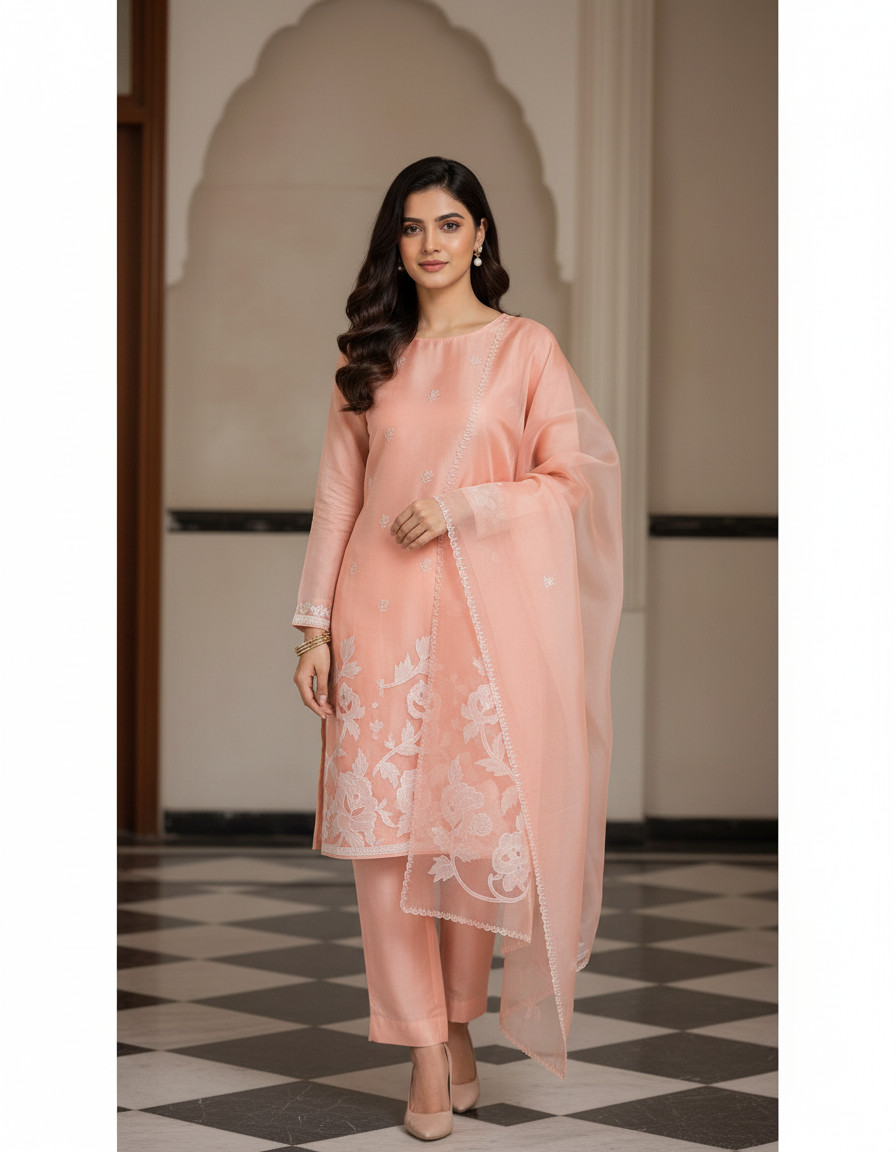 Pure organza applique work suit set