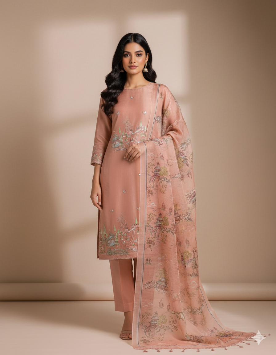 Pure organza embroidery suit set
