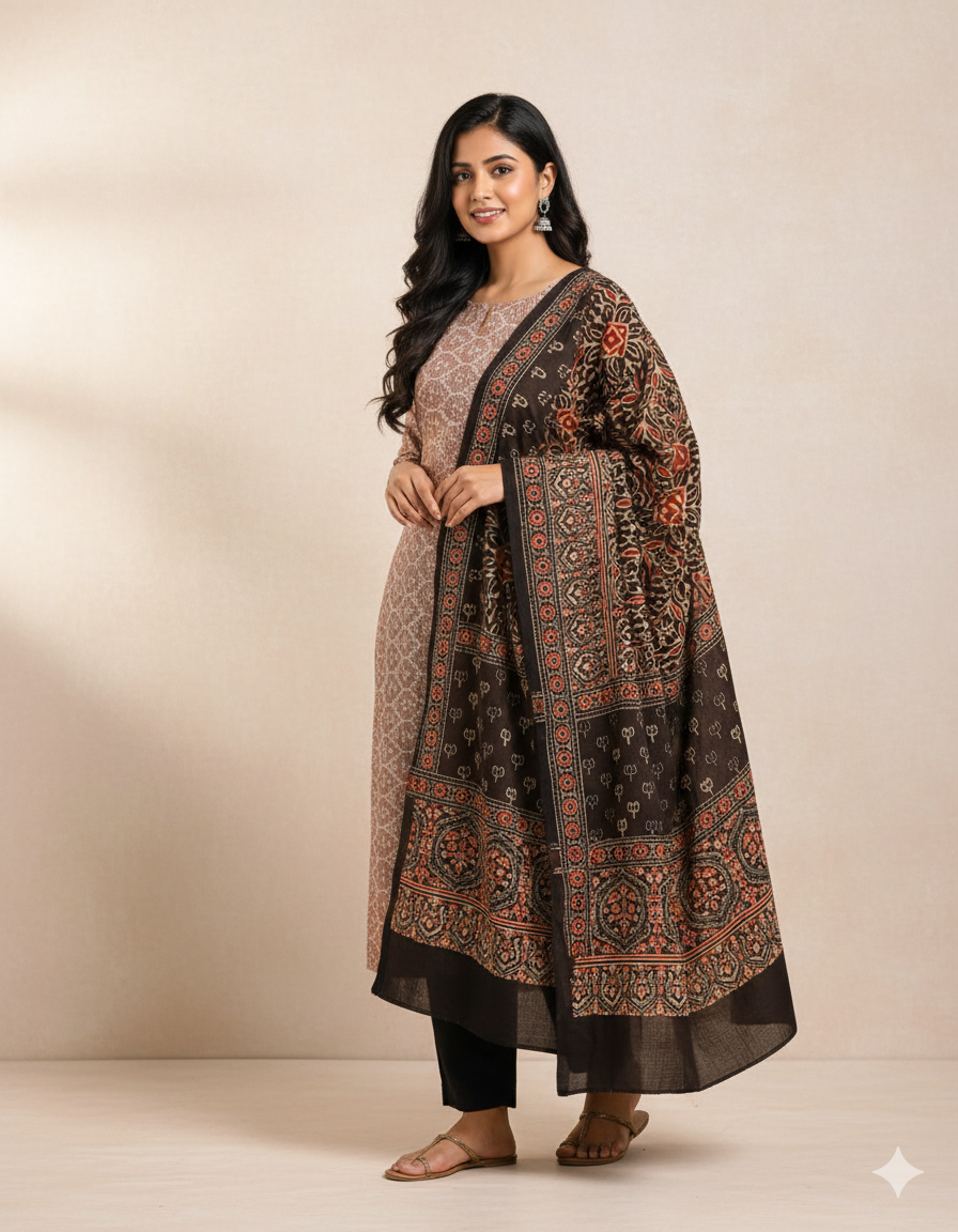 Cotton with ajrakh dupatta suit set