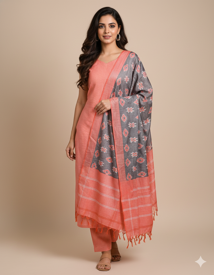 Pure Cotton Woven top with mercidiced handloom ikat dupatta suit set