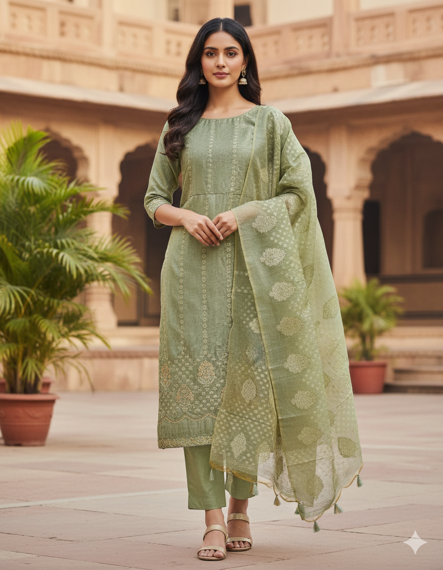CHANDERI EMBROIDERED SUIT SET