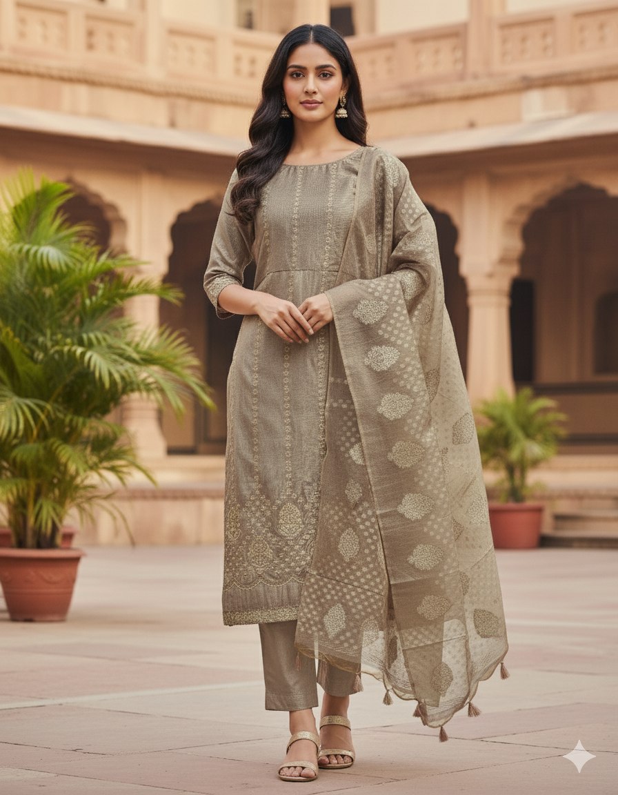 CHANDERI EMBROIDERED SUIT SET